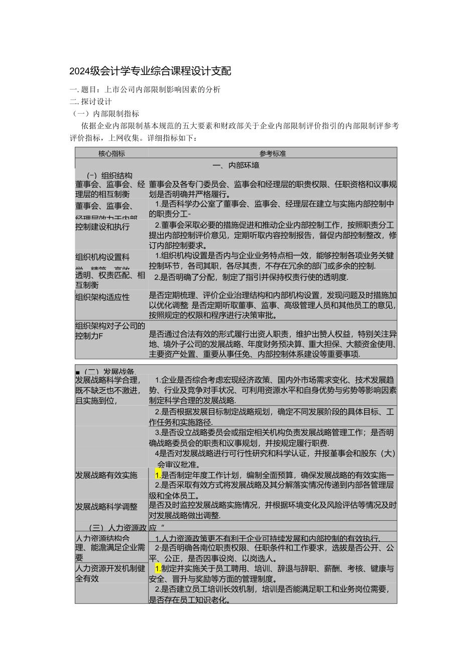 上市公司内部控制影响因素的分析2024(课程设计).docx_第1页