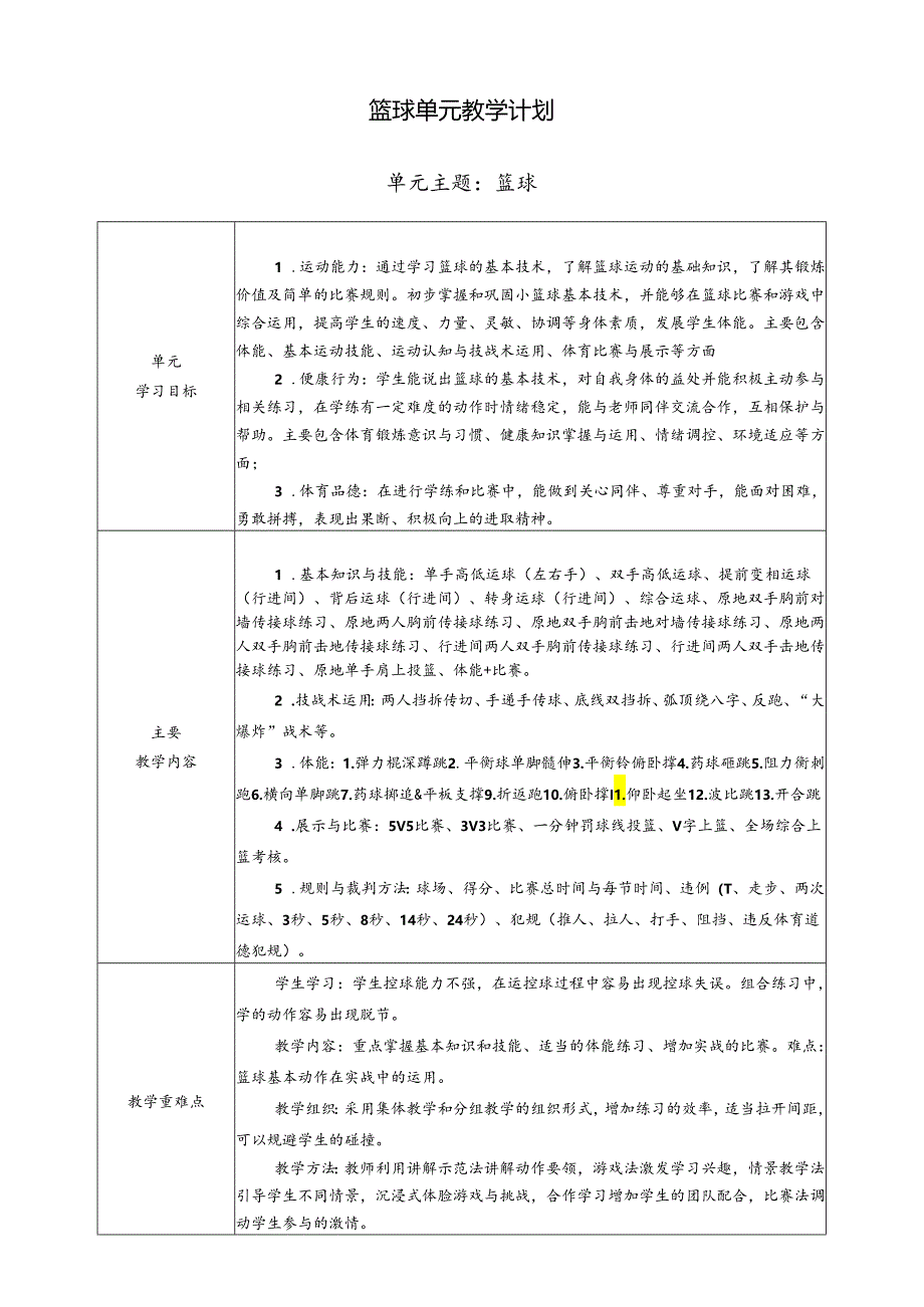 体育与健康4年级 小篮球 大单元教学设计18课时教案.docx_第1页