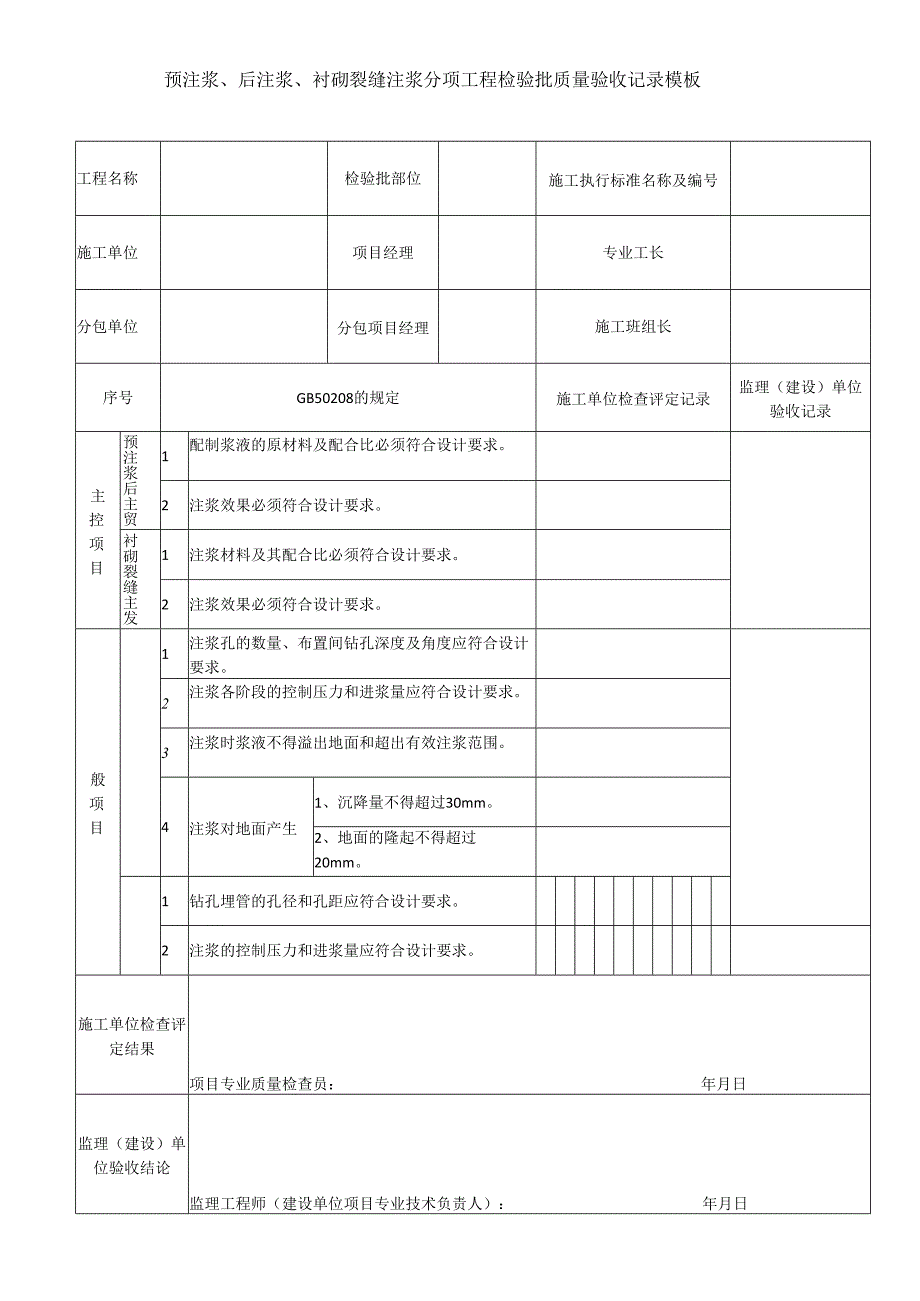 预注浆、后注浆、衬砌裂缝注浆分项工程检验批质量验收记录模板.docx_第1页