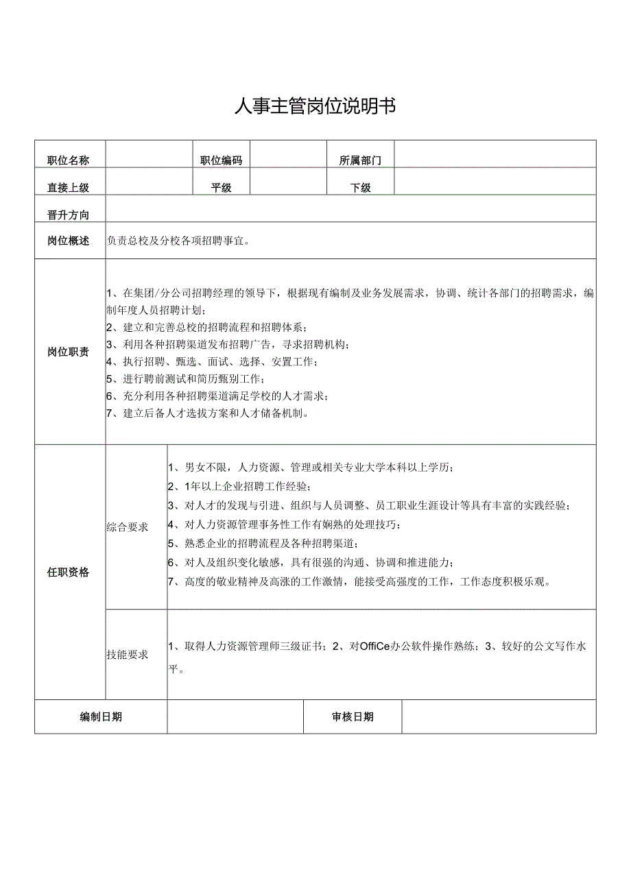 人事主管岗位说明书.docx_第1页