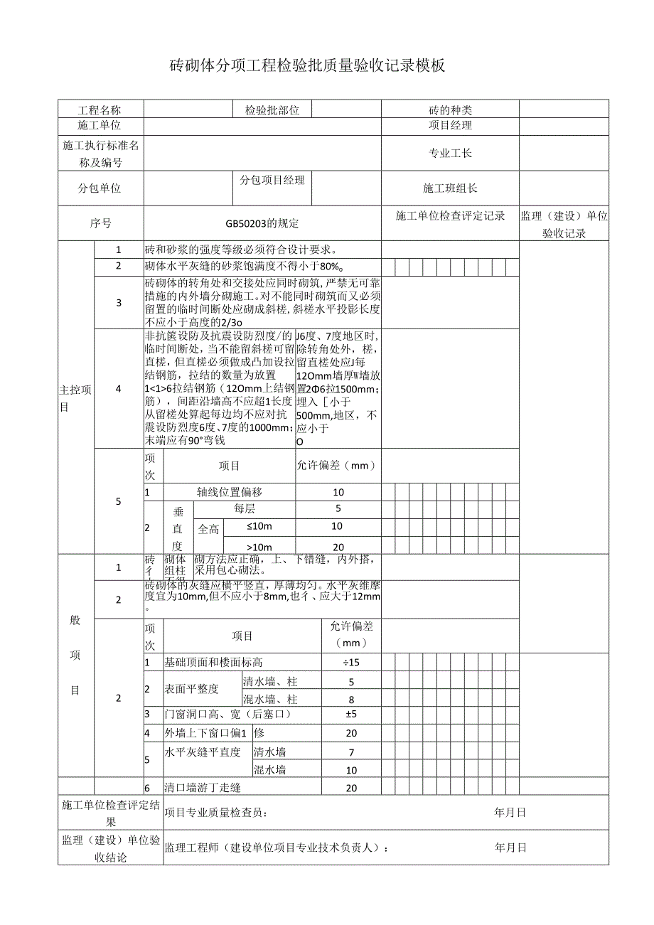 砖砌体分项工程检验批质量验收记录模板.docx_第1页