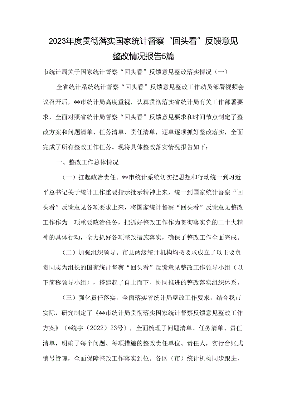 2023年度贯彻落实国家统计督察“回头看”反馈意见整改情况报告5篇.docx_第1页