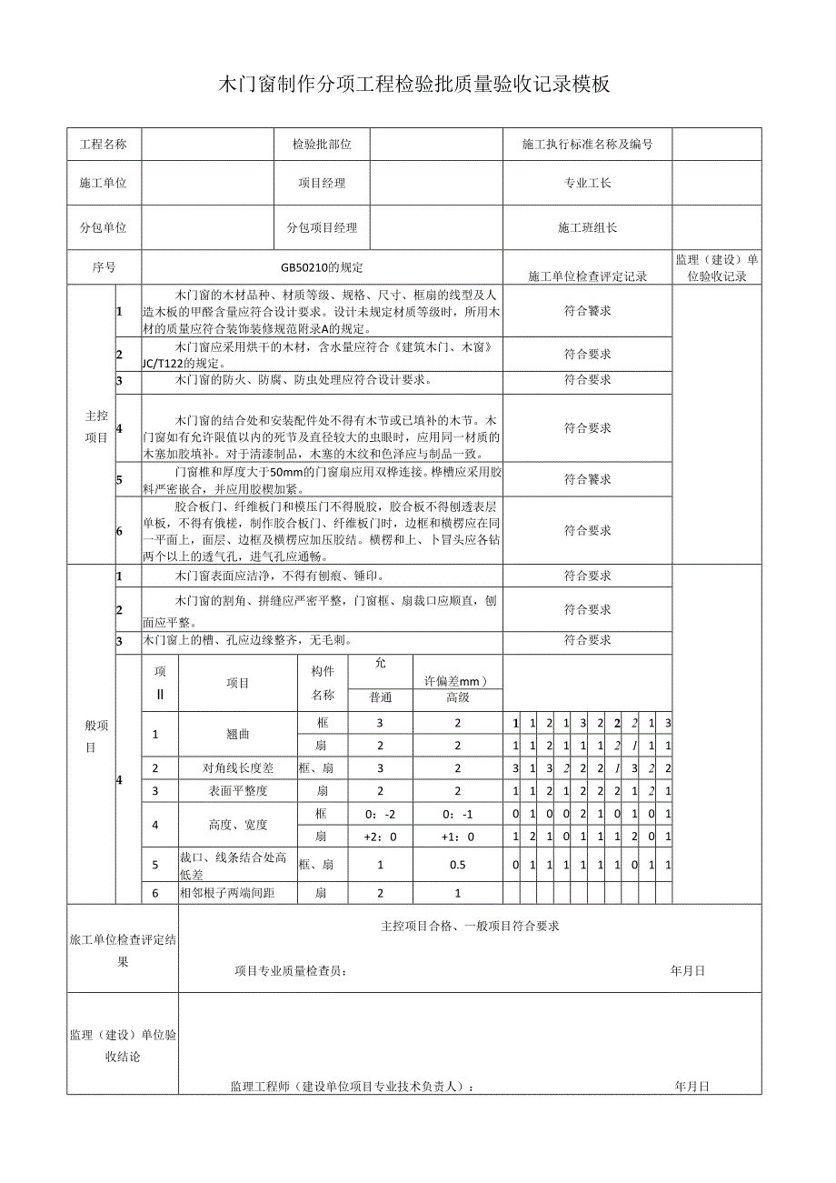 木门窗制作分项工程检验批质量验收记录模板.docx_第1页