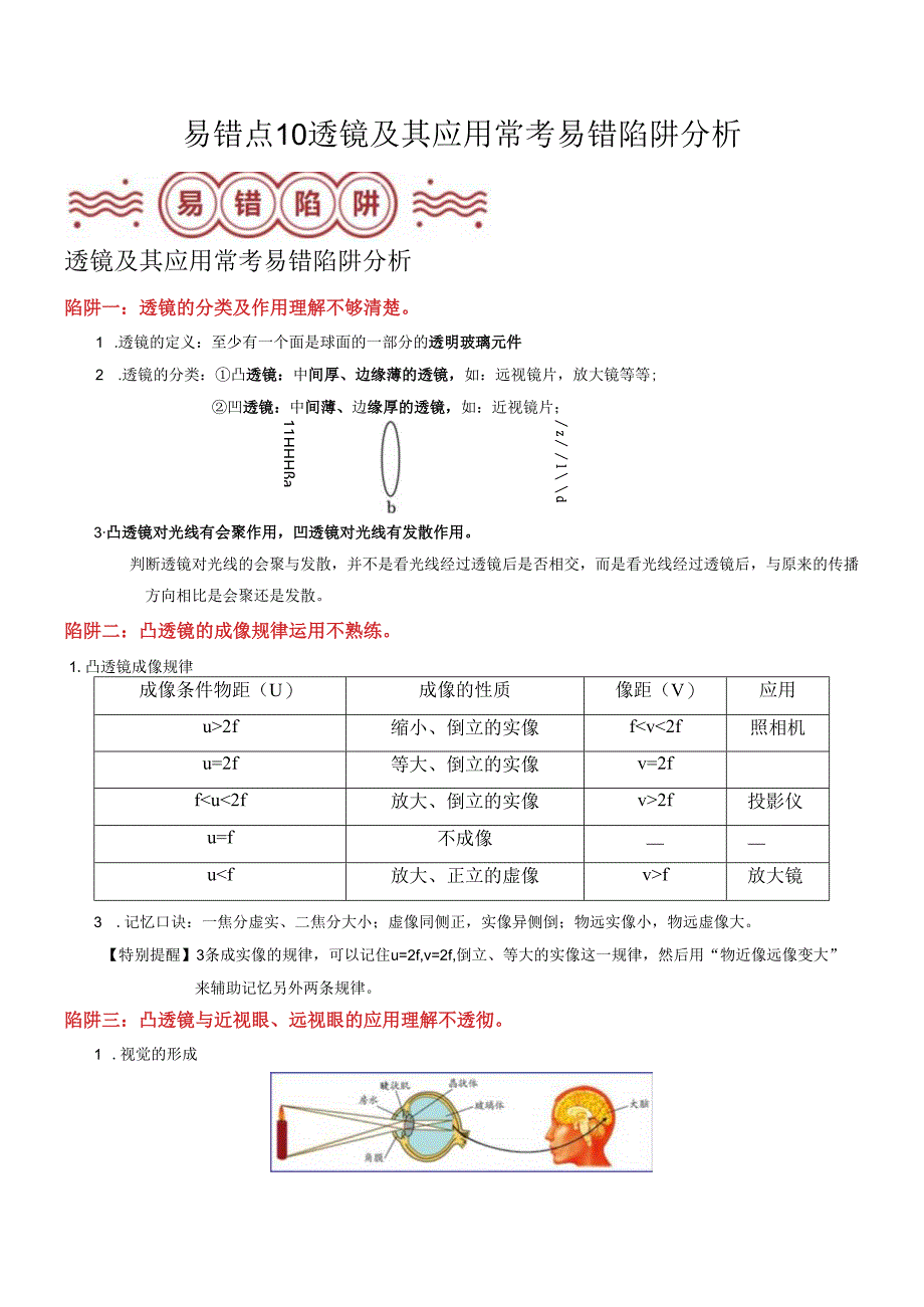 易错点10 透镜及其应用常考易错陷阱分析（解析版）.docx_第1页