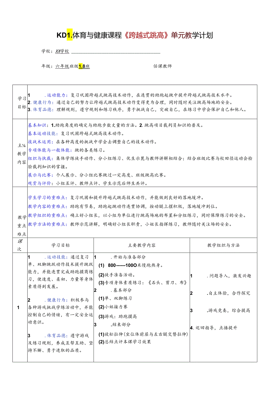 体育与健康六年级 跨越式跳高 大单元教学设计.docx_第1页