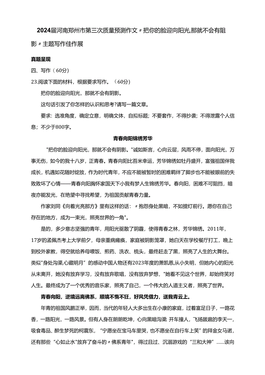 2024届河南郑州市第三次质量预测作文“把你的脸迎向阳光那就不会有阴影”主题写作佳作展（8篇）.docx_第1页