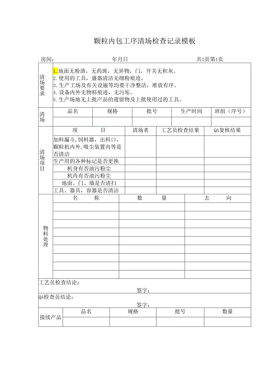 颗粒内包工序清场检查记录模板.docx_第1页