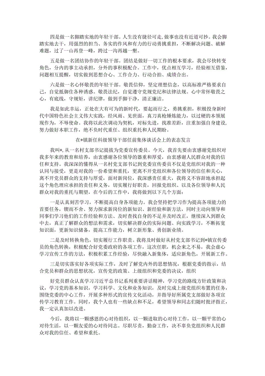 在镇新任科级领导干部任前集体谈话会上的表态发言（5篇）.docx_第2页