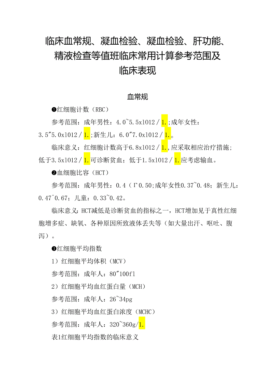 临床血常规、凝血检验、凝血检验、肝功能、精液检查等值班临床常用计算参考范围及临床表现.docx_第1页