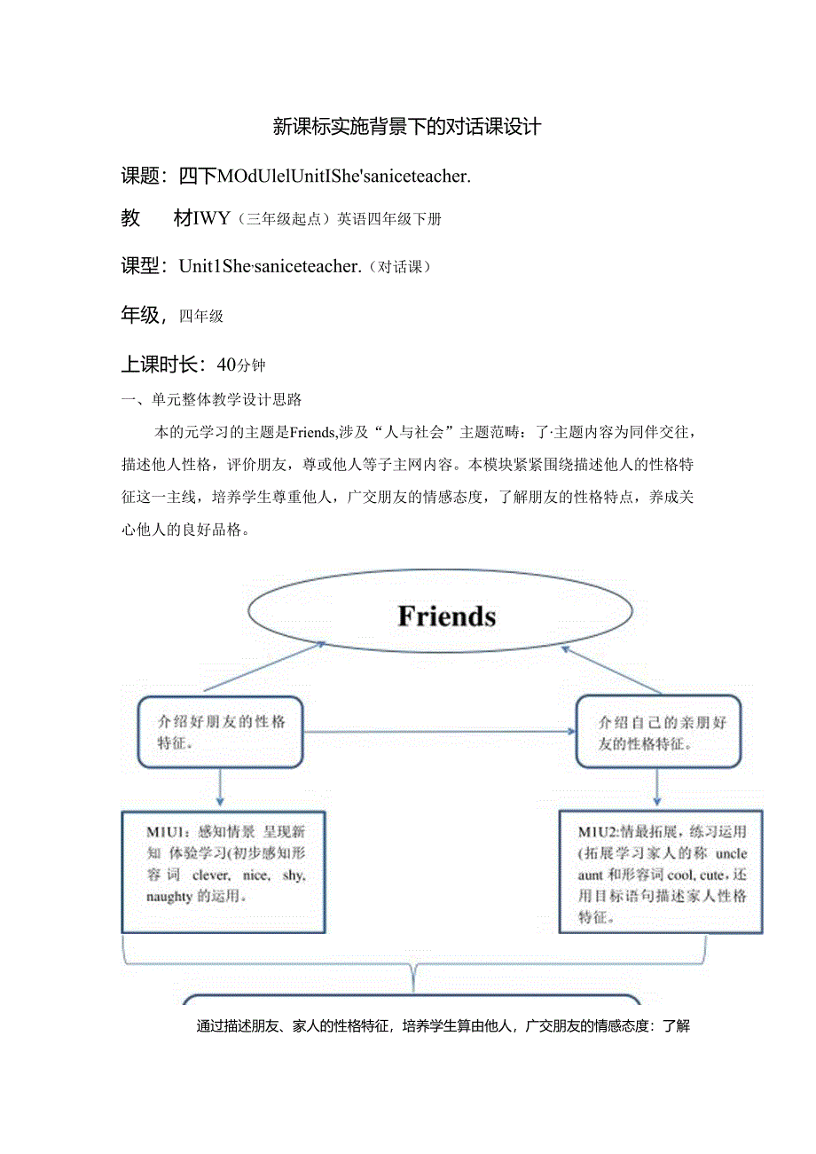 外研版四下Module1Unit1She’saniceteacher单元教学设计.docx_第1页