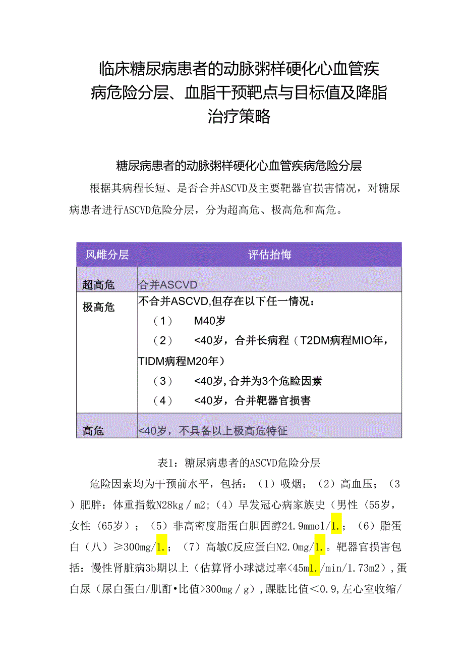 临床糖尿病患者的动脉粥样硬化心血管疾病危险分层、血脂干预靶点与目标值及降脂治疗策略.docx_第1页