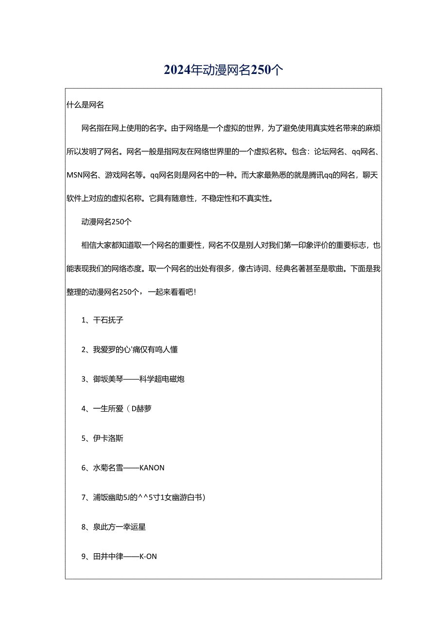 2024年动漫网名250个.docx_第1页