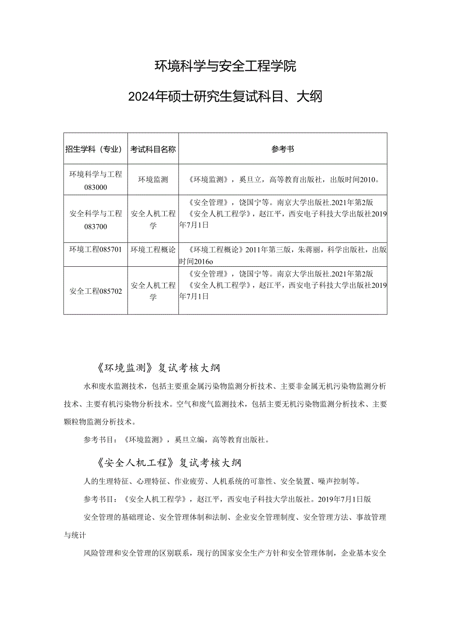 天津理工大学2024年硕士研究生招生考试复试大纲 环安：环安学院-复试大纲.docx_第1页