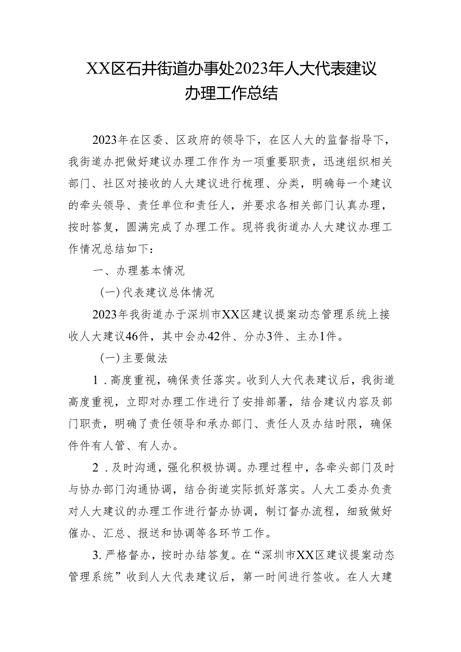 XX区石井街道办事处2023年人大代表建议办理工作总结.docx_第1页