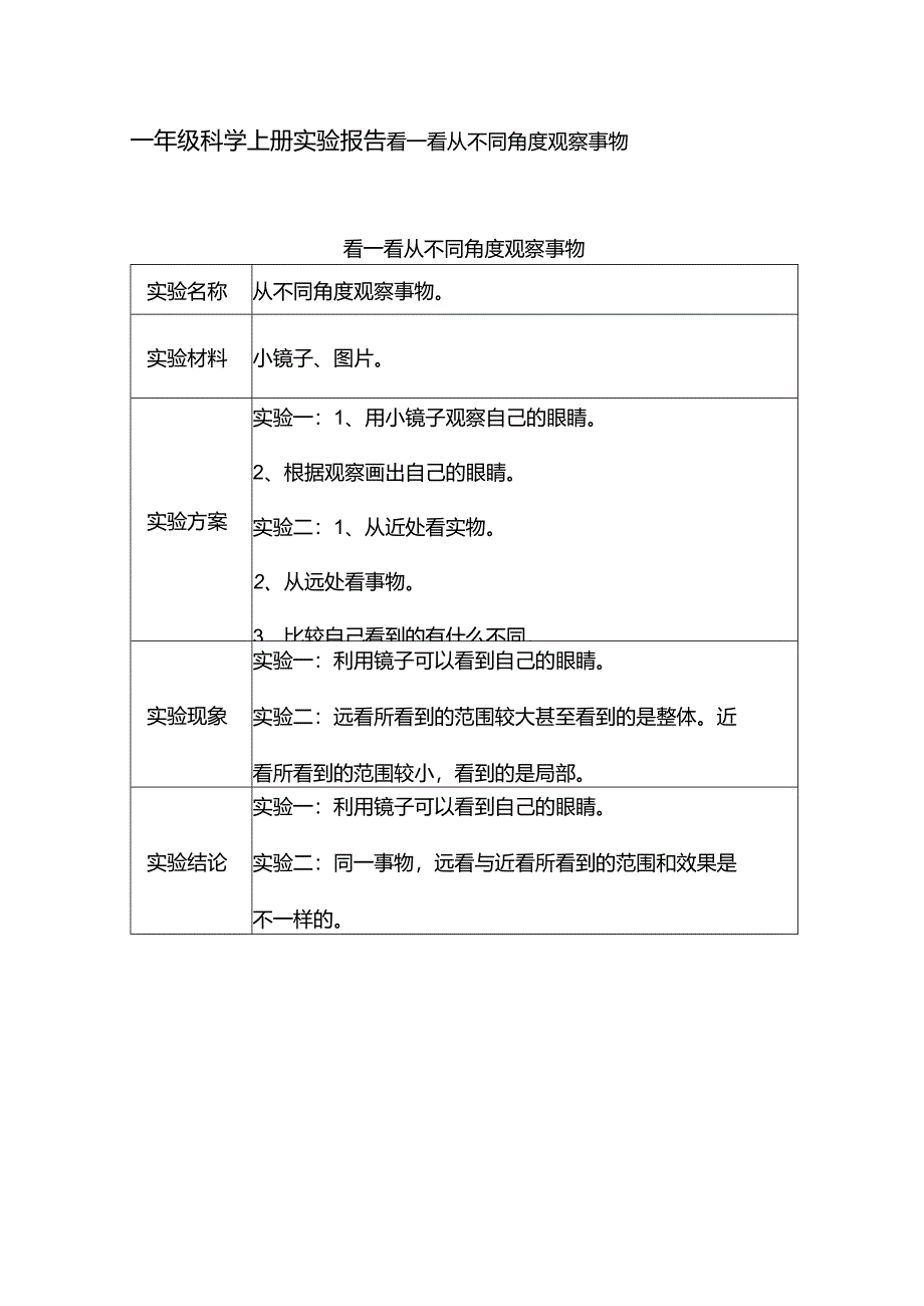 一年级科学上册实验报告看一看 从不同角度观察事物.docx_第1页