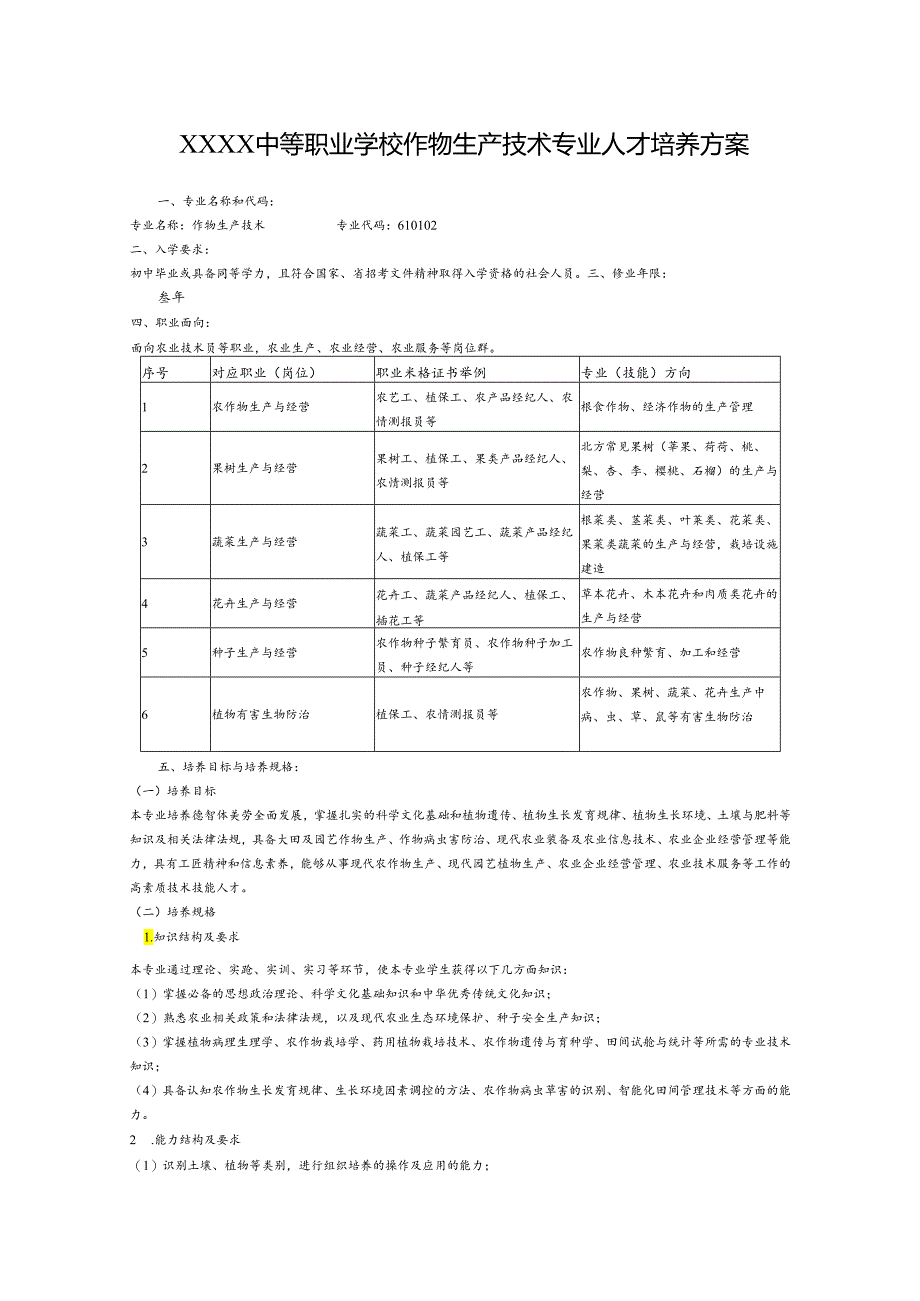 中等职业学校作物生产技术专业人才培养方案.docx_第1页