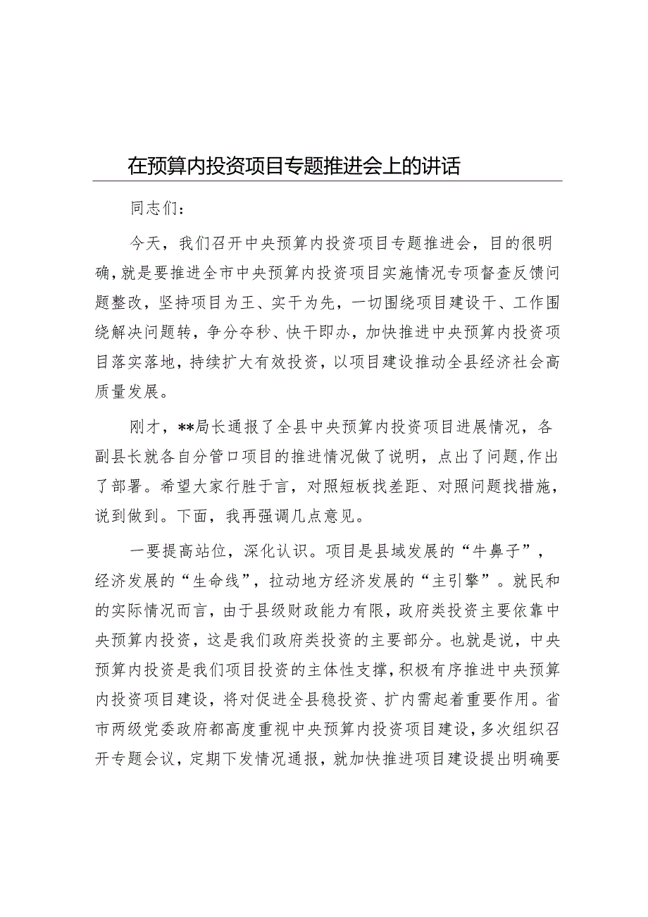 在预算内投资项目专题推进会上的讲话.docx_第1页