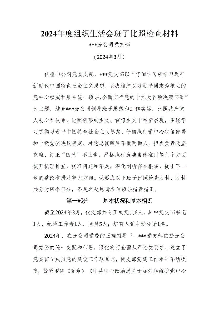 移动公司2024年度组织生活会班子对照检查材料(支部).docx_第1页