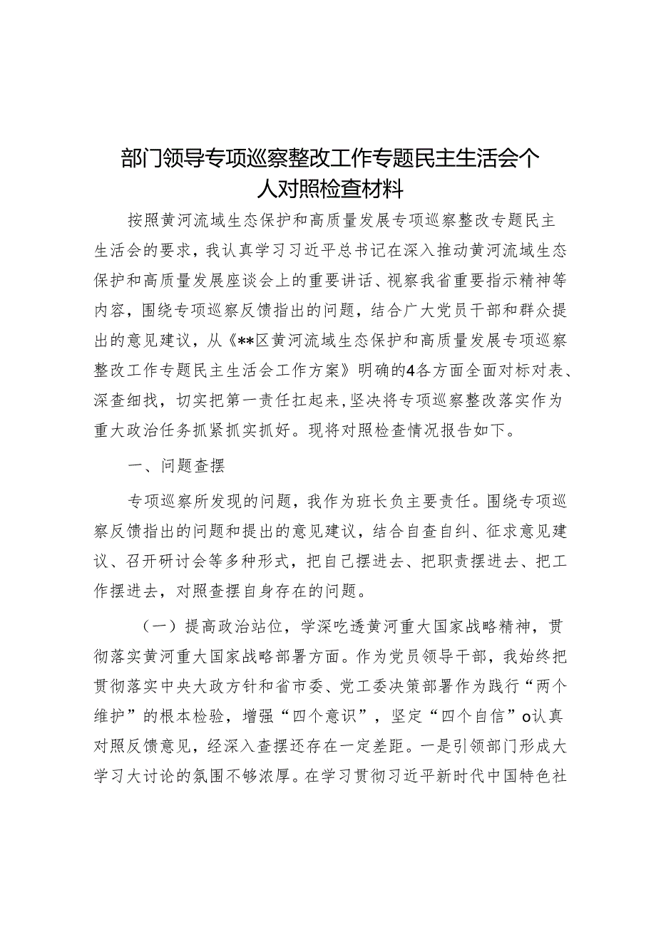 部门领导专项巡察整改工作专题民主生活会个人对照检查材料&被巡察单位领导在巡察工作上的表态发言.docx_第1页