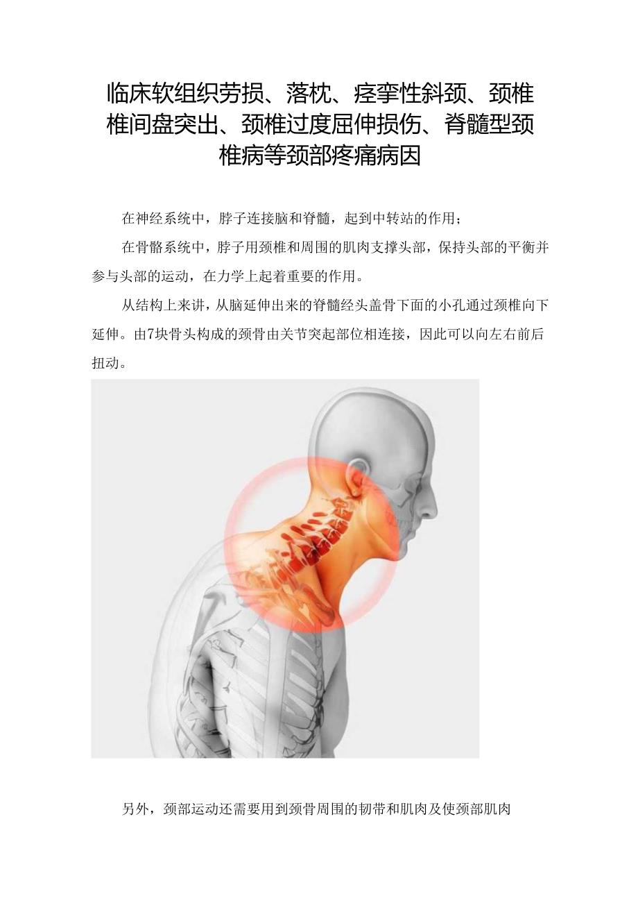 临床软组织劳损、落枕、痉挛性斜颈、颈椎椎间盘突出、颈椎过度屈伸损伤、脊髓型颈椎病等颈部疼痛病因.docx_第1页