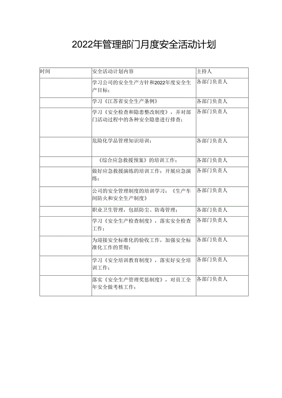 年度管理部门月度安全活动计划.docx_第1页