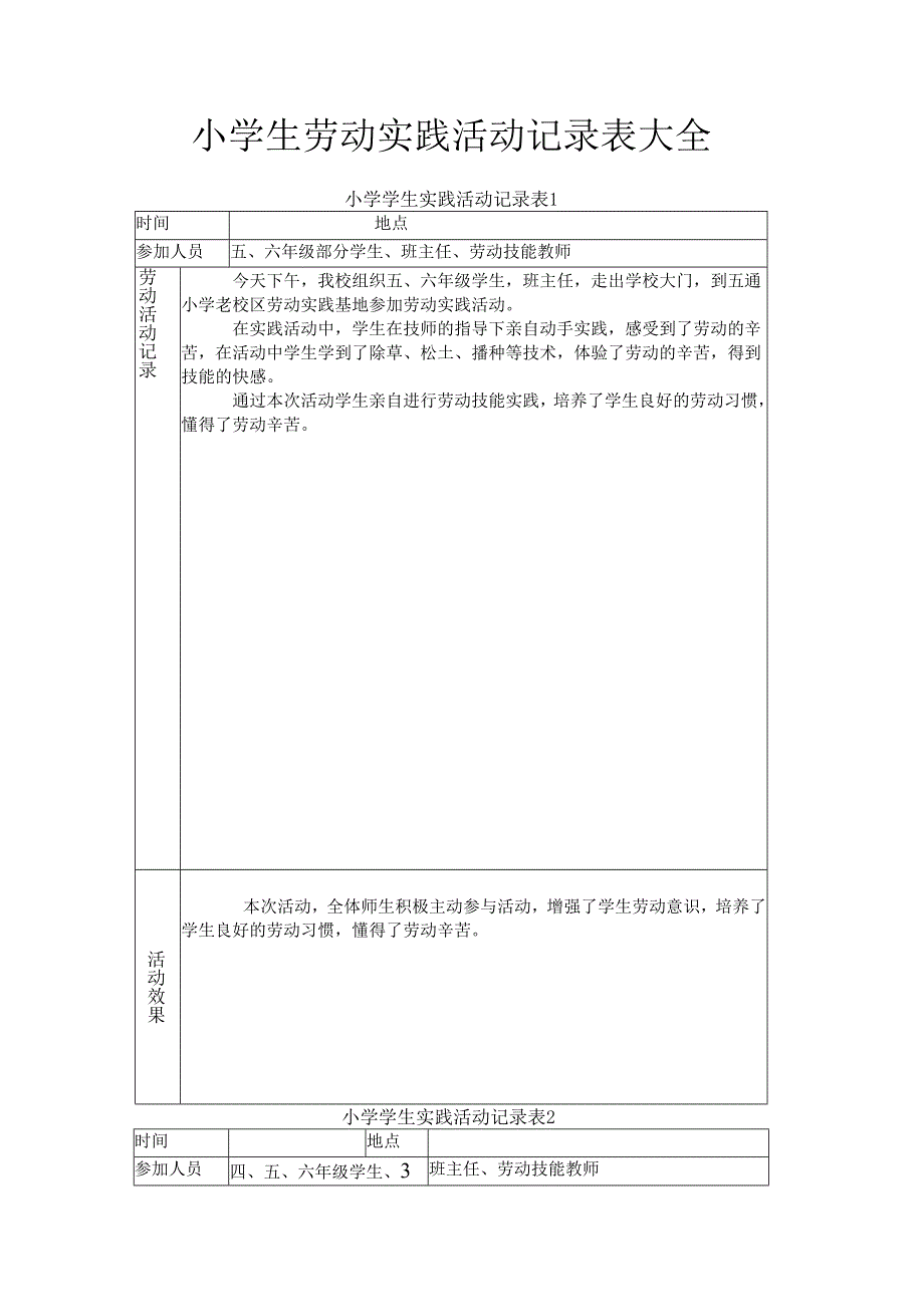 小学生劳动实践活动记录表大全.docx_第1页