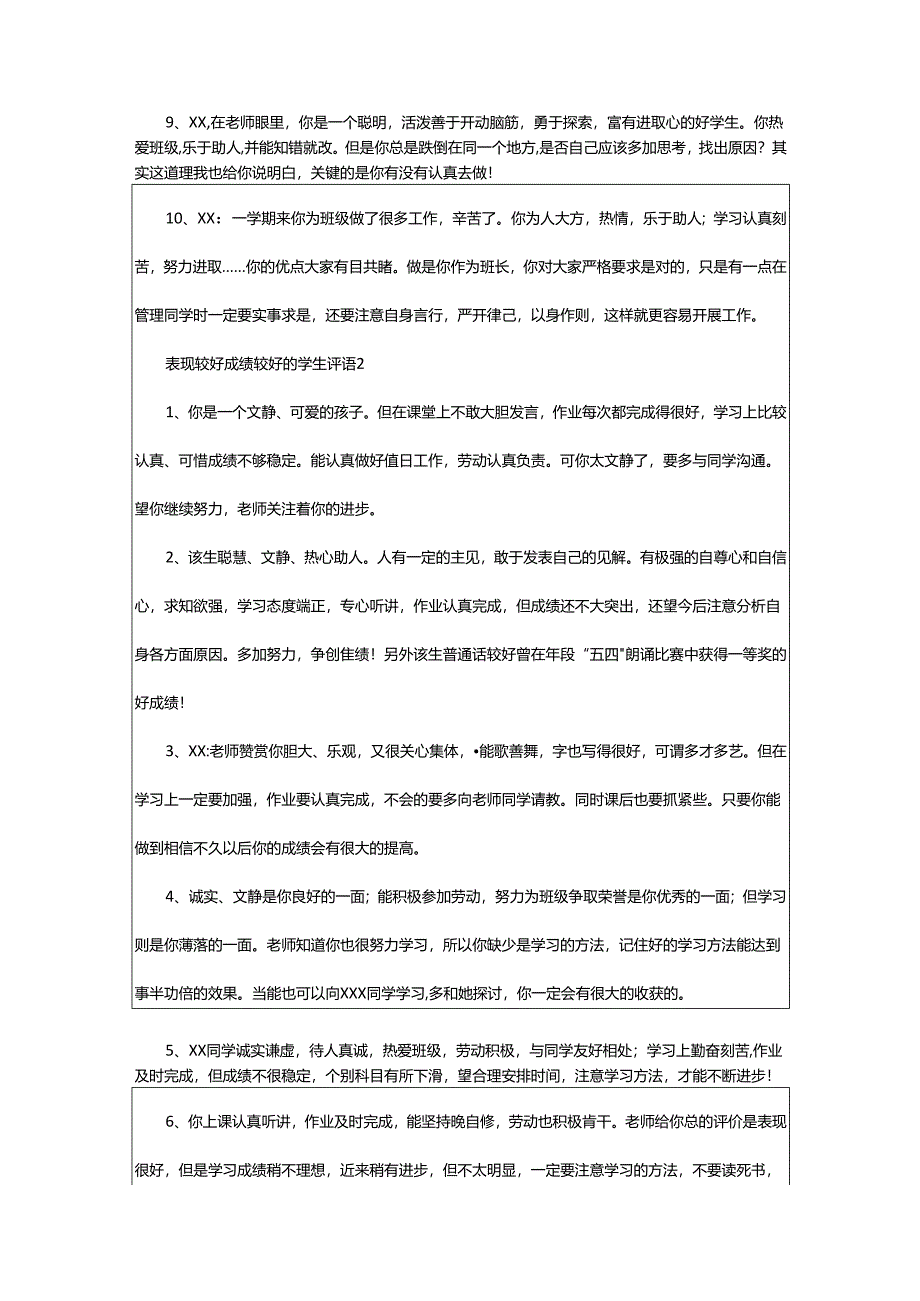 2024年表现较好成绩较好的学生评语.docx_第2页