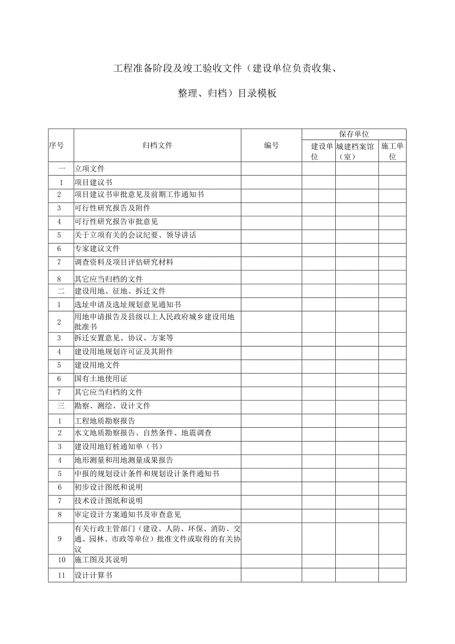 工程准备阶段及竣工验收文件（建设单位负责收集、整理、归档）目录模板.docx_第1页