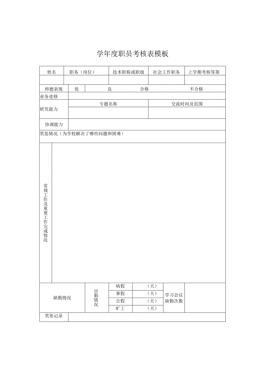 ______学年度职员考核表模板.docx_第1页