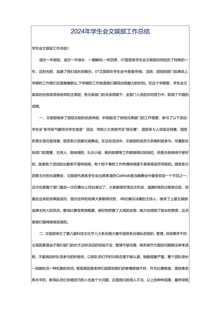 2024年学生会文娱部工作总结.docx_第1页