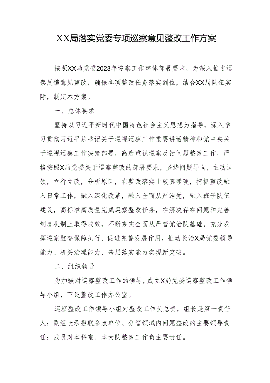 XX局落实党委专项巡察意见整改工作方案.docx_第1页