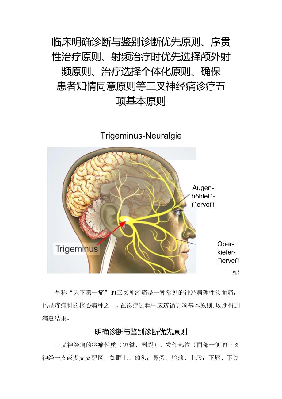 临床明确诊断与鉴别诊断优先原则、序贯性治疗原则、射频治疗时优先选择颅外射频原则、治疗选择个体化原则、确保患者知情同意原则等三叉神.docx_第1页