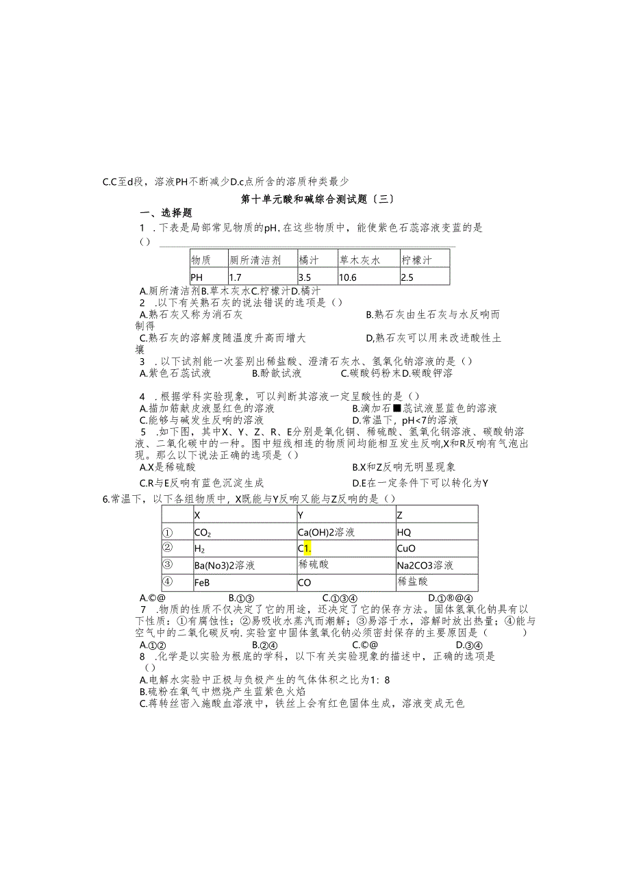 人教版九年级下册 第十单元 酸和碱 综合测试题（三）.docx_第2页