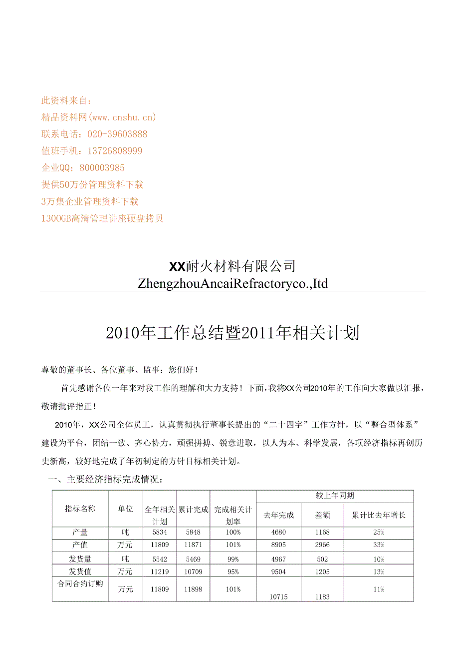 X耐火材料企业年度工作总结与计划.docx_第1页