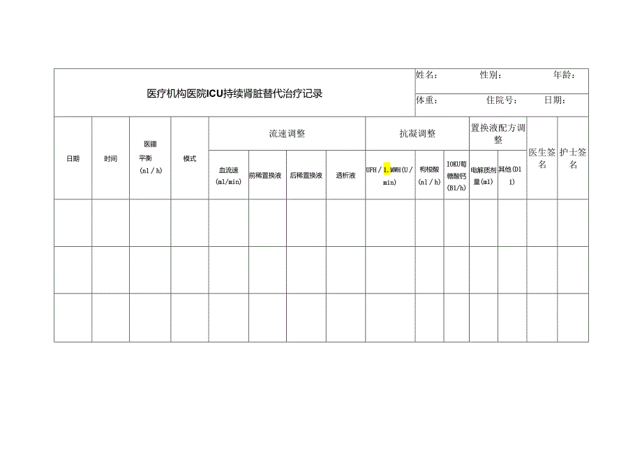 医疗机构医院ICU持续肾脏替代治疗记录.docx_第1页