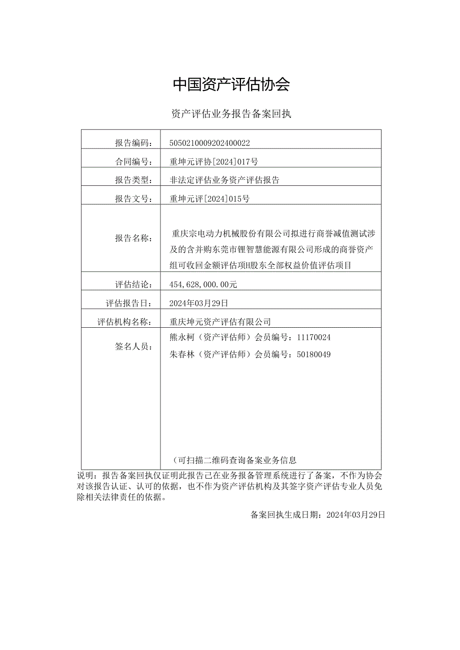 宗申动力：重庆宗申动力机械股份有限公司拟进行商誉减值测试涉及的含并购东莞市锂智慧能源有限公司形成的商誉资产组可收回金额评估项目资产评估报告.docx_第2页