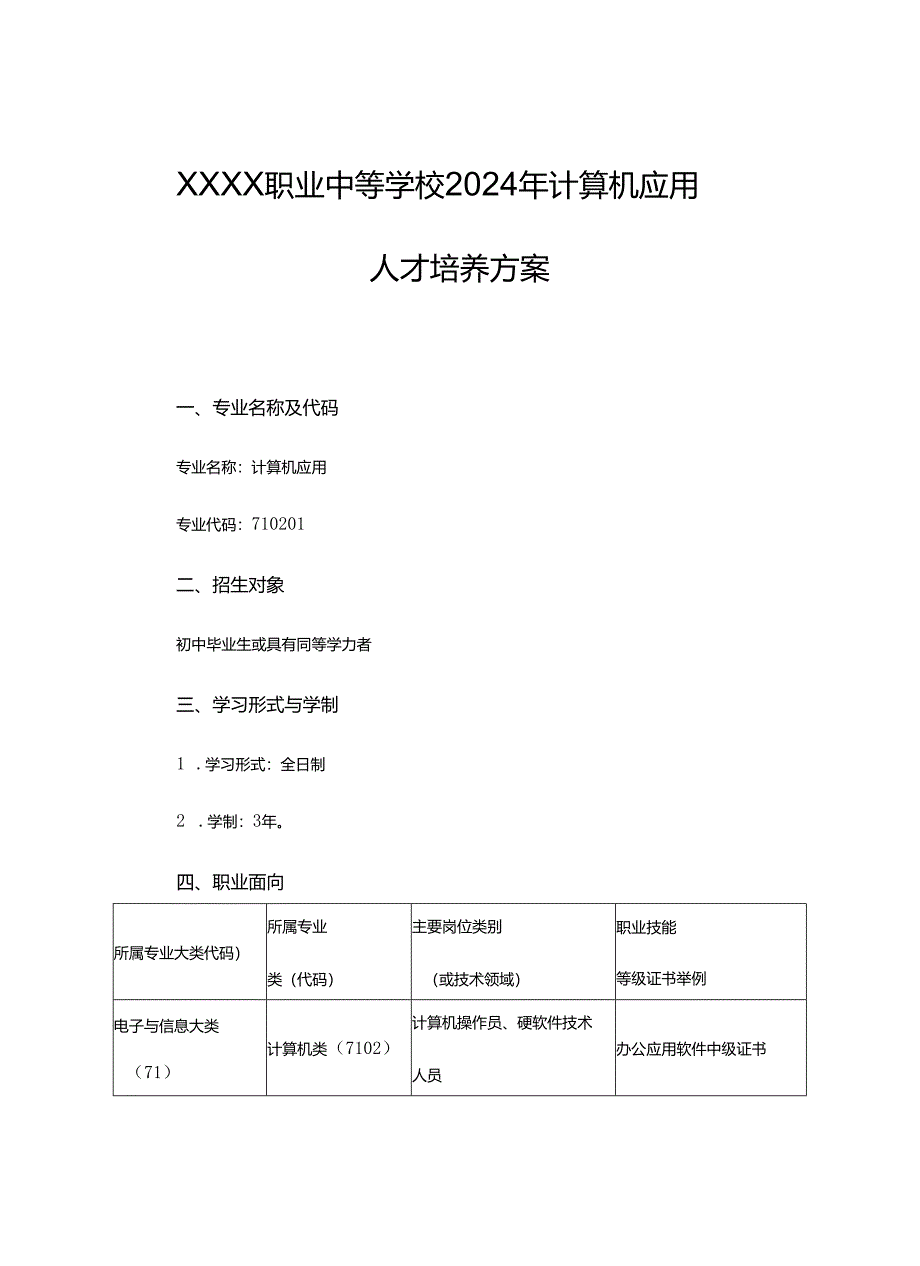 职业中等学校2024年计算机应用人才培养方案.docx_第1页