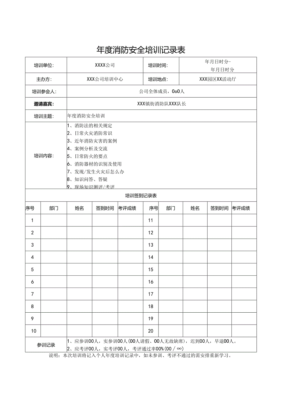 年度消防安全培训记录表模板（5份）.docx_第1页