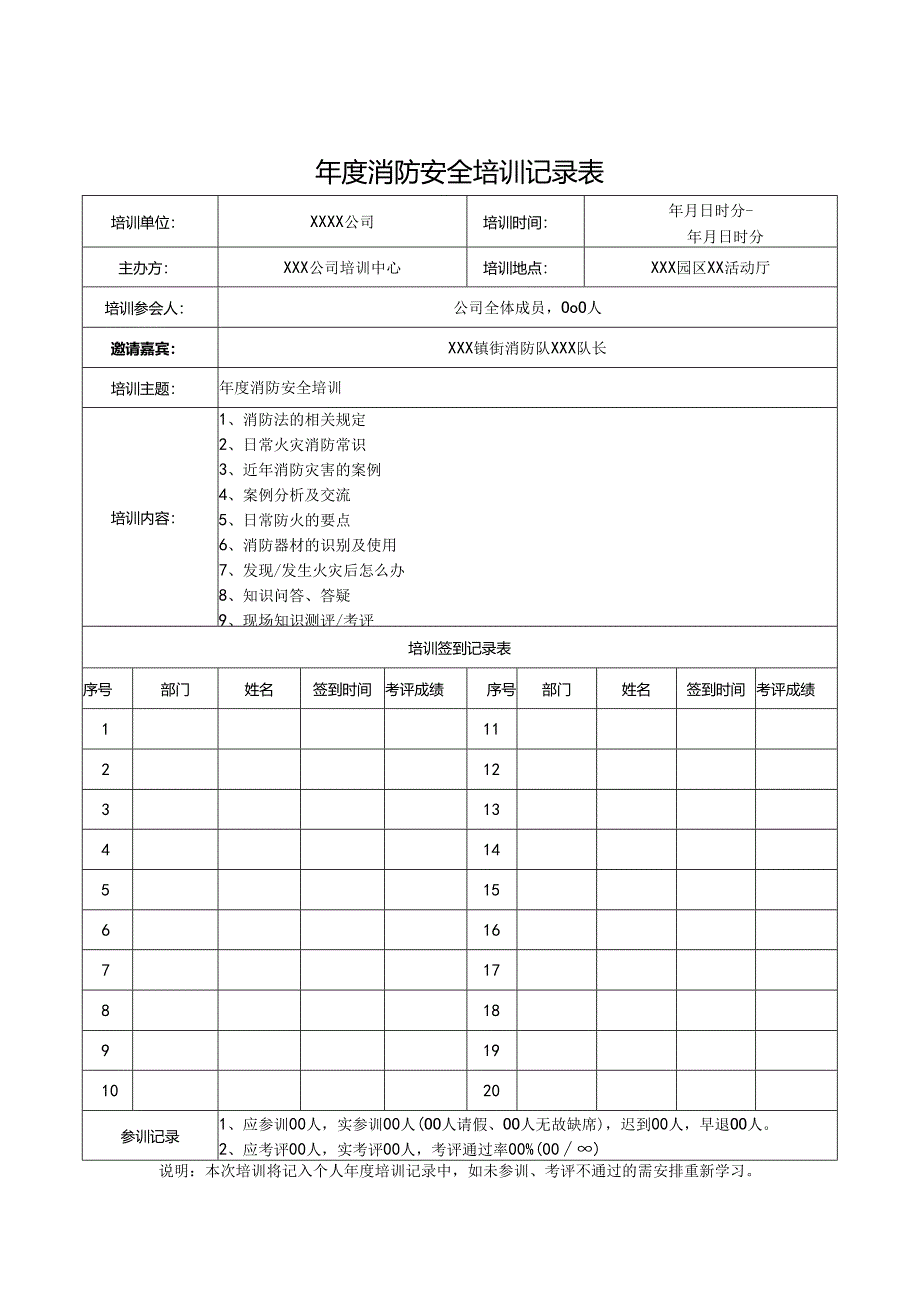 年度消防安全培训记录表精选5篇.docx_第1页