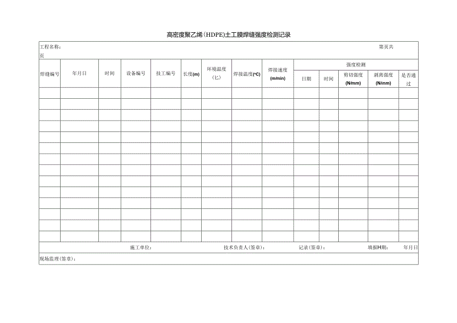 高密度聚乙烯（HDPE）土工膜焊缝强度检测记录.docx_第1页