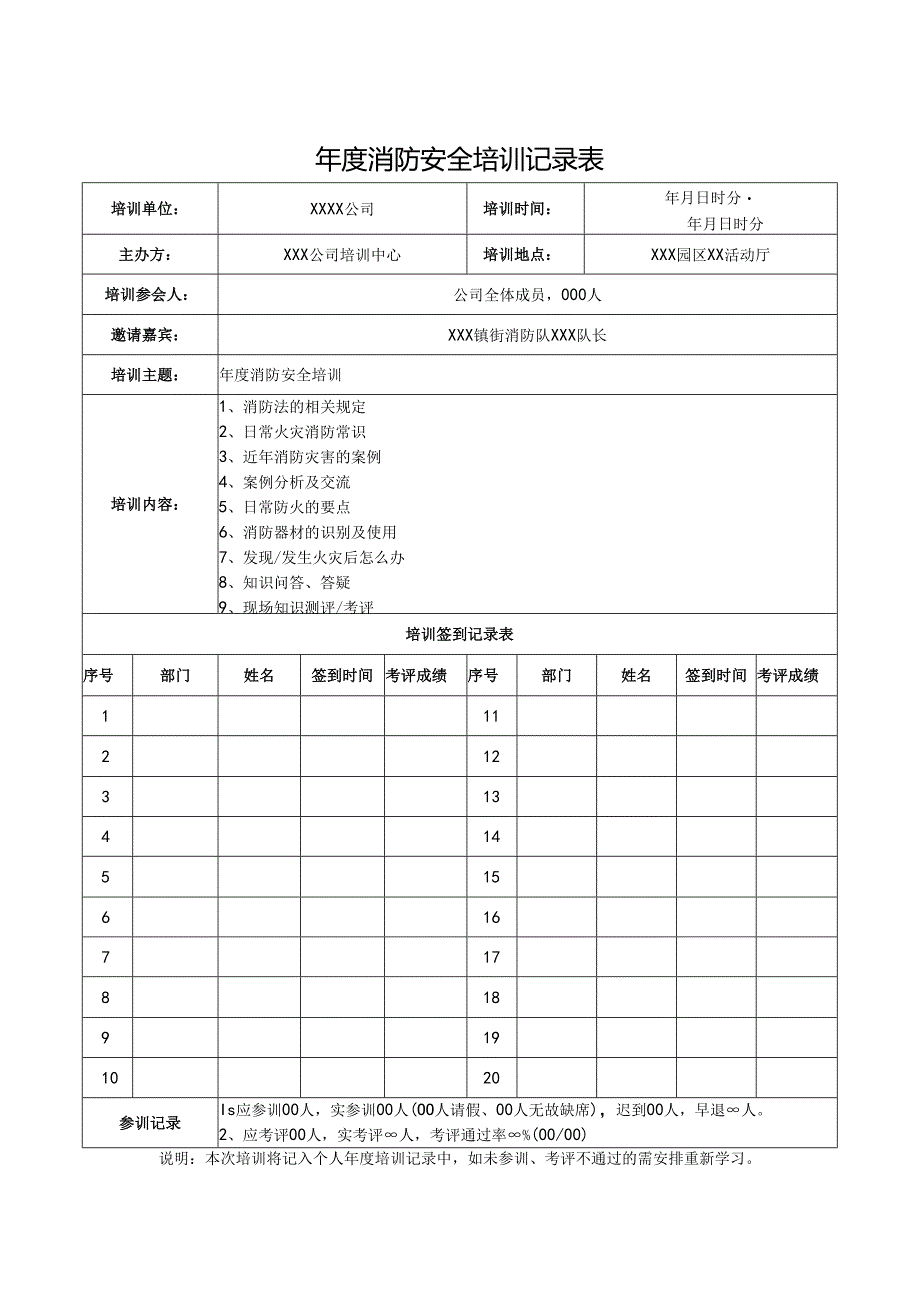 年度消防安全培训记录表（精选5份）.docx_第1页