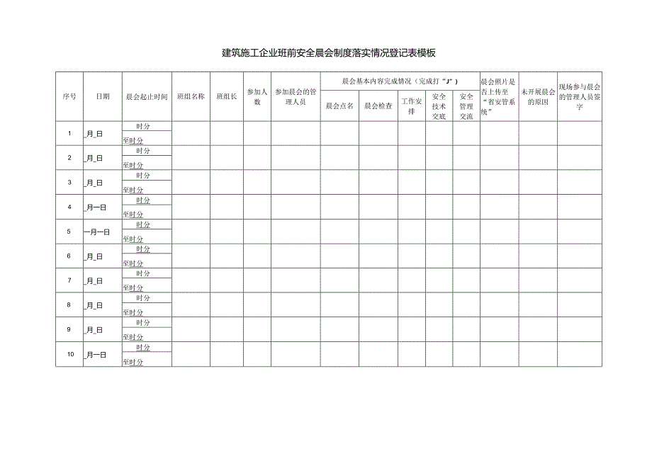 建筑施工企业班前安全晨会制度落实情况登记表模板.docx_第1页