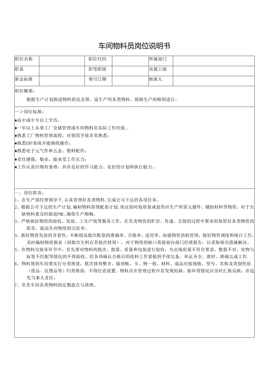 车间物料员岗位说明书.docx_第1页