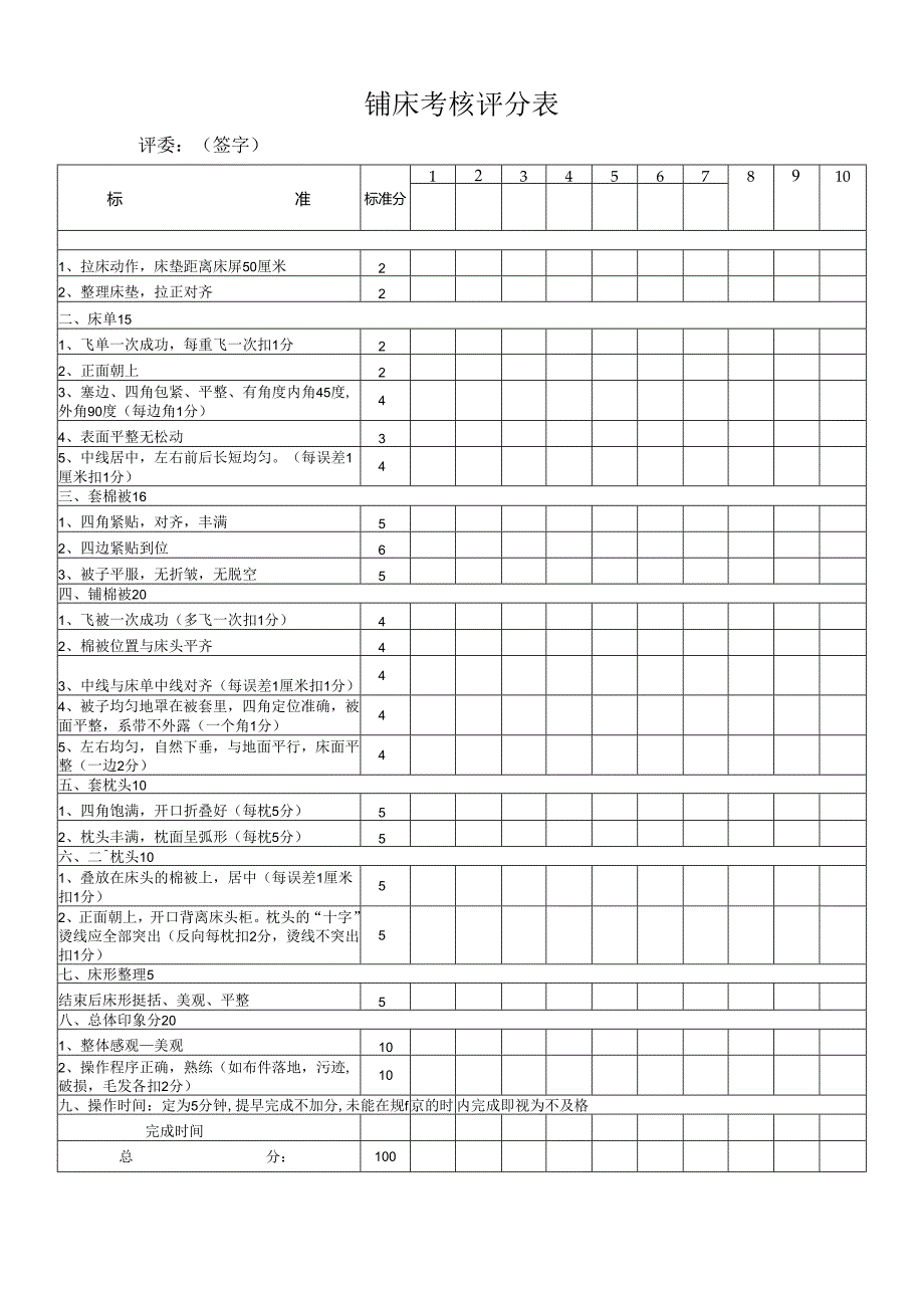 铺床考核评分表.docx_第1页