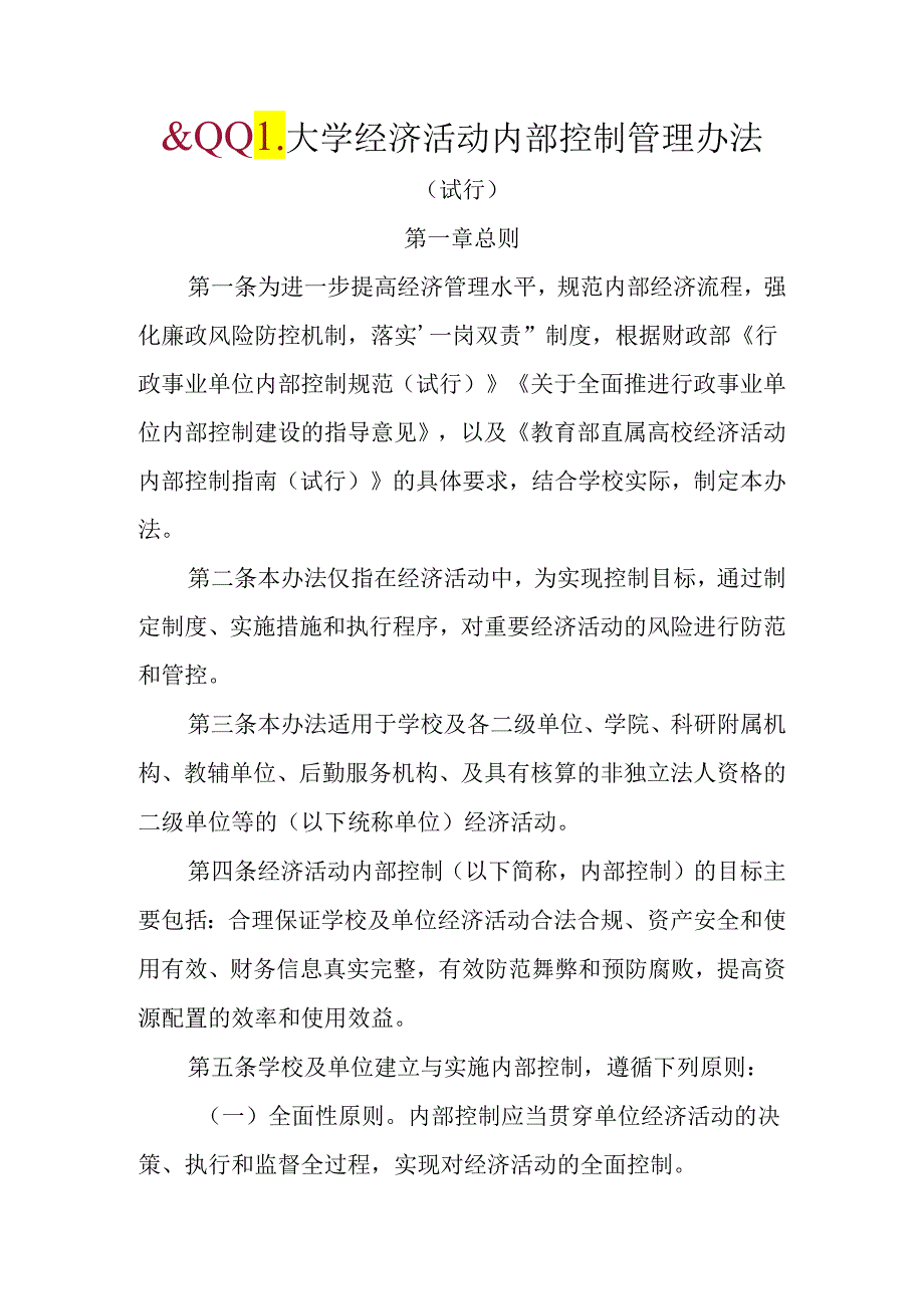 大学经济活动内部控制管理办法.docx_第1页