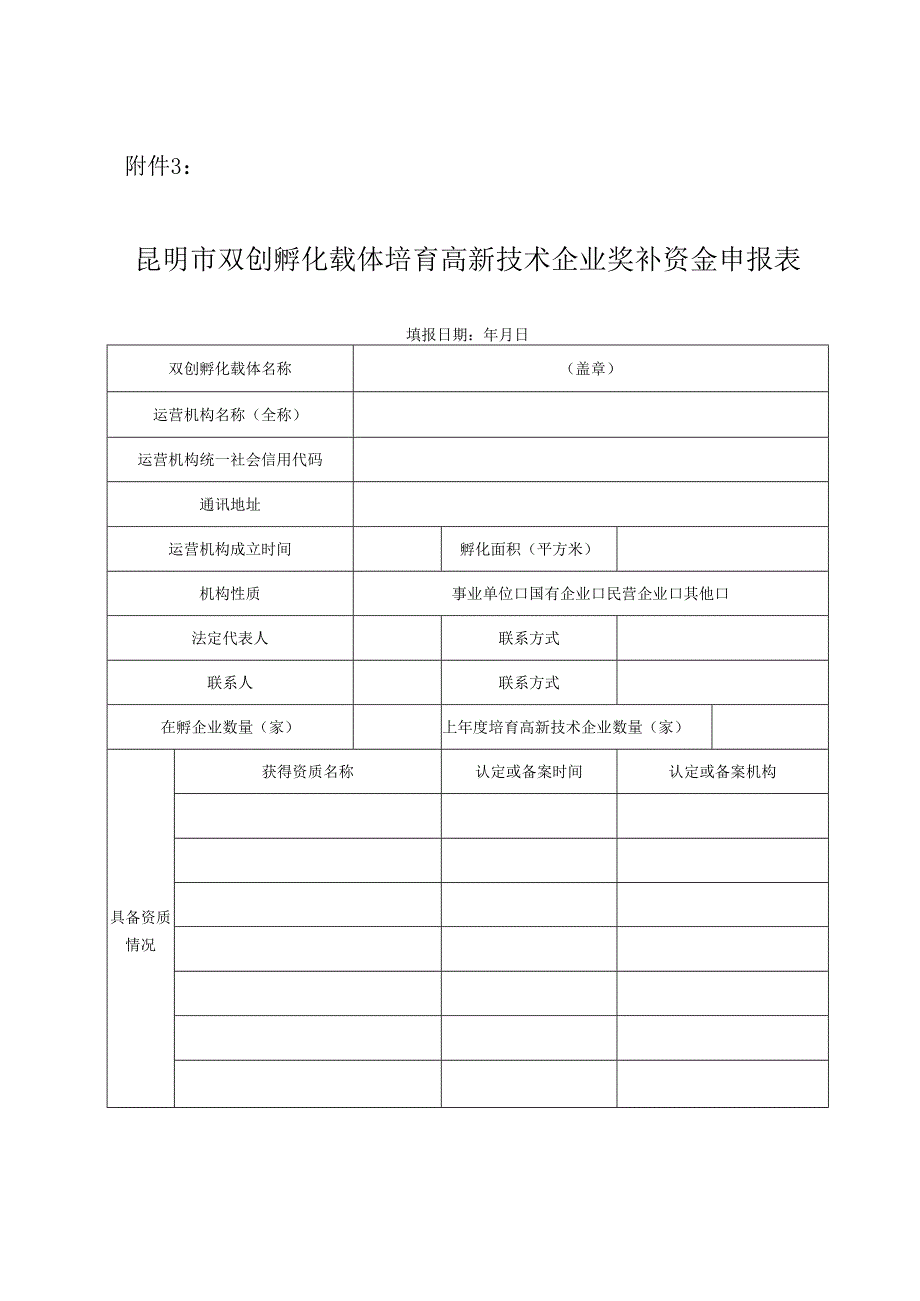 昆明市双创孵化载体培育高新技术企业奖补资金申报表.docx_第1页