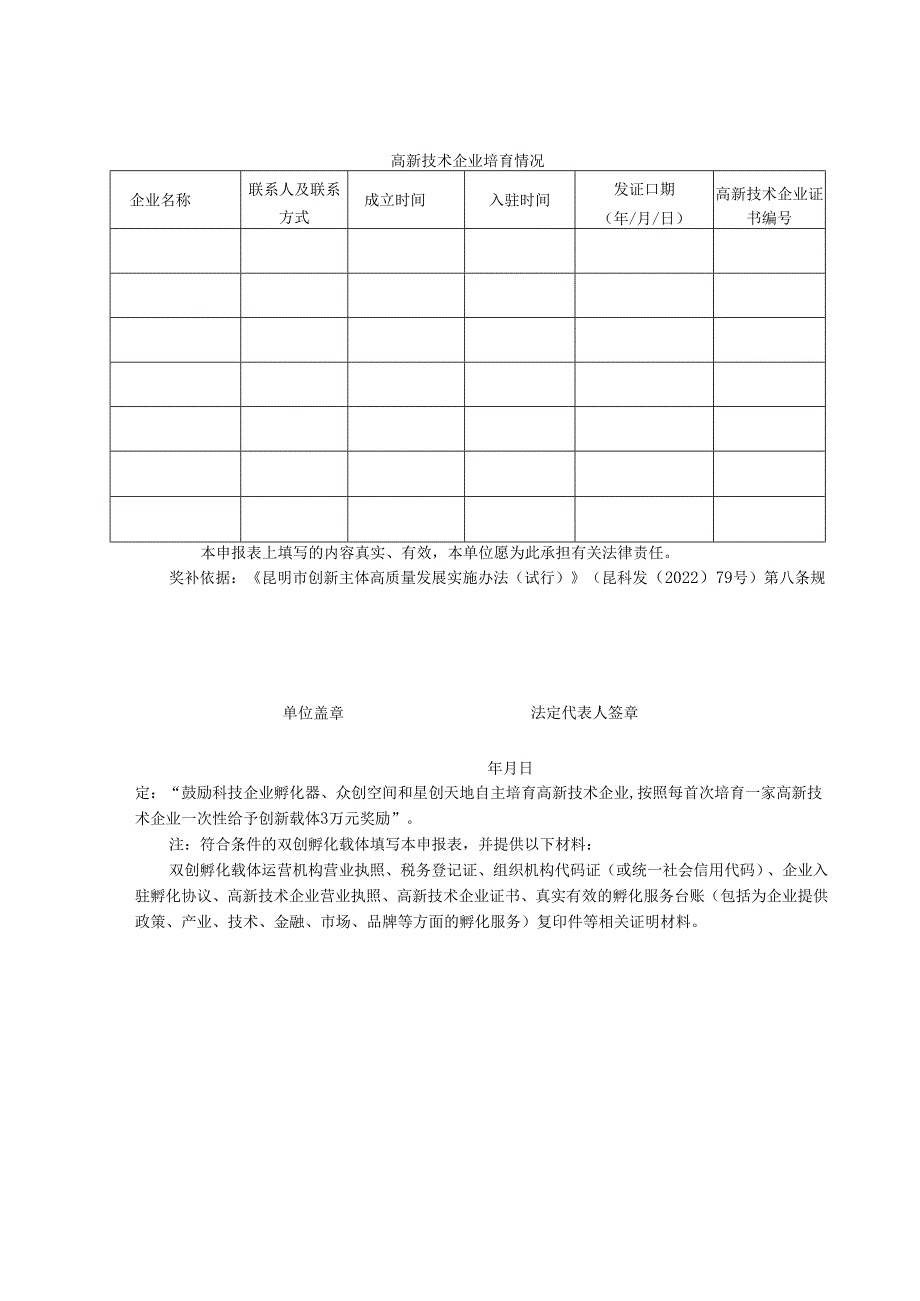 昆明市双创孵化载体培育高新技术企业奖补资金申报表.docx_第2页