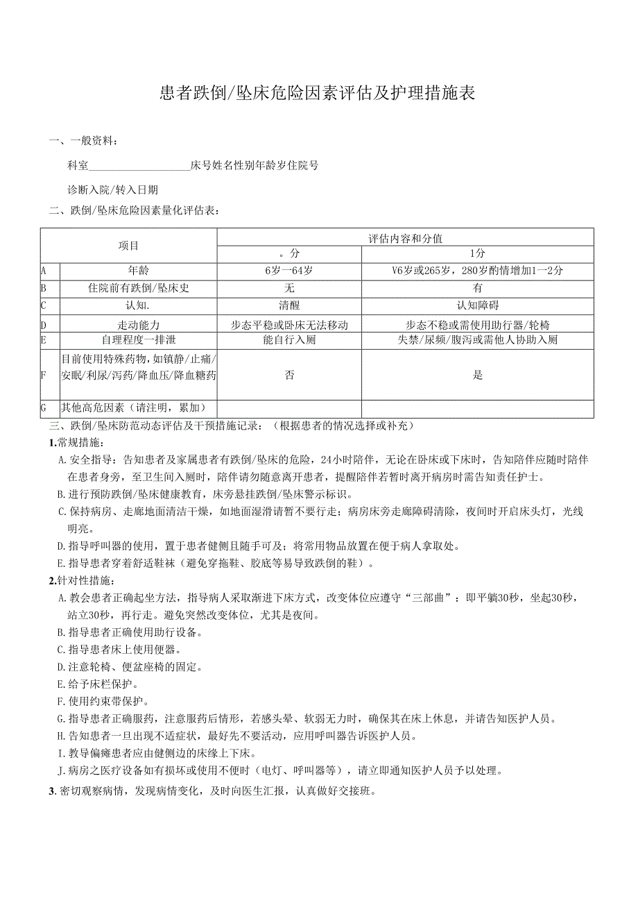 患者跌倒坠床危险因素评估及护理措施表.docx_第1页