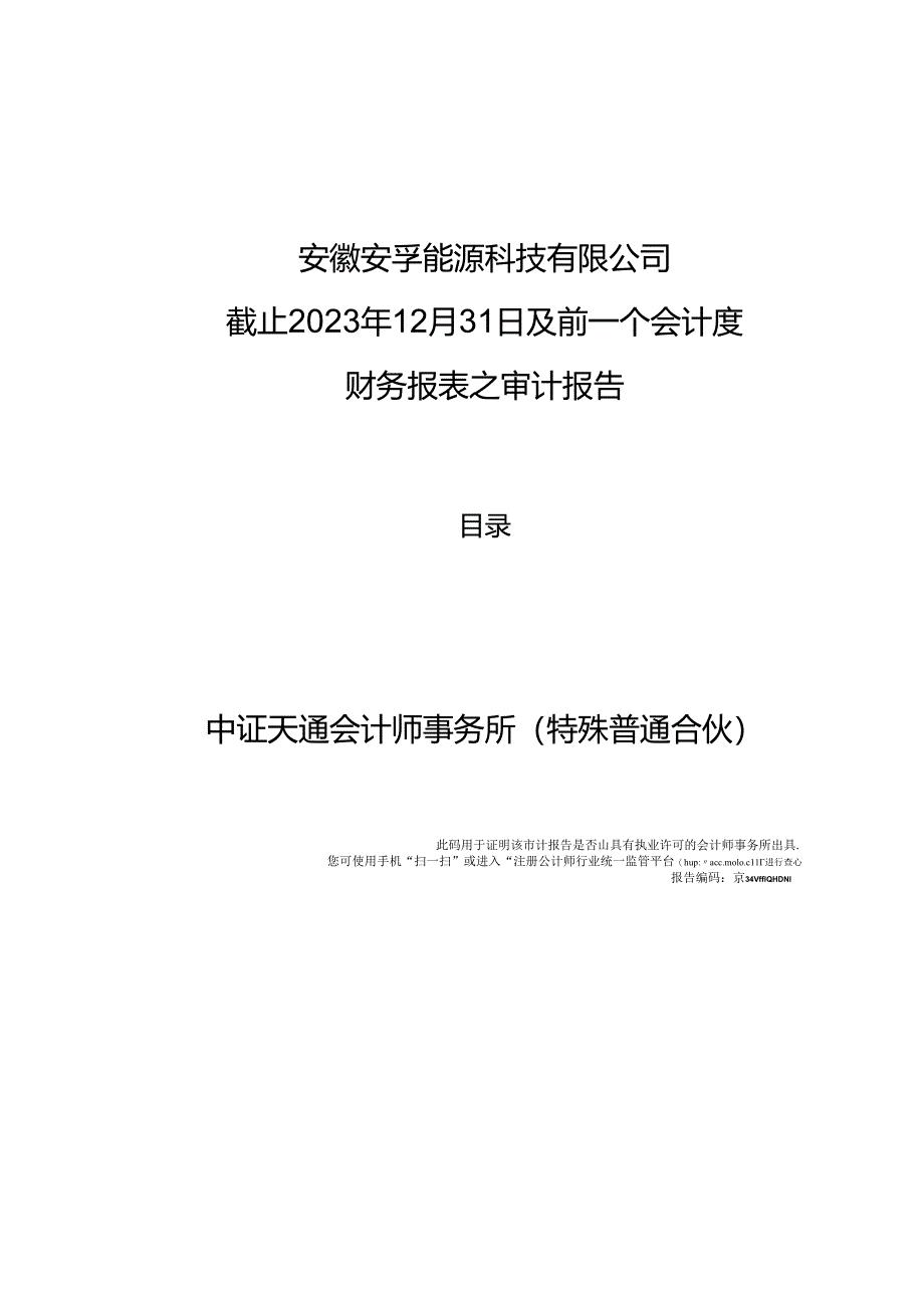 安徽安孚能源科技有限公司截止2023年12月31日及前一个会计度财务报表之审计报告.docx_第1页