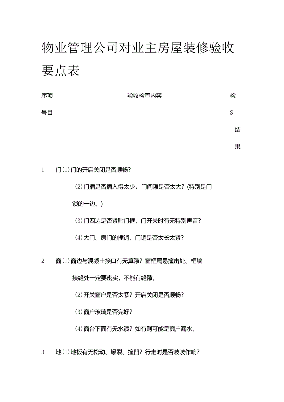 物业管理公司对业主房屋装修验收要点表全套.docx_第1页